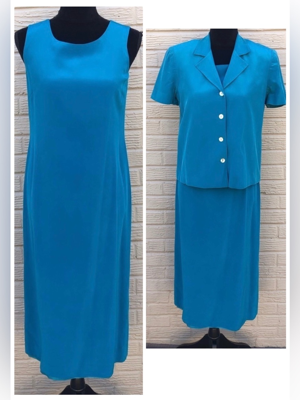 Talbots Petites Pure Silk 2 Piece Teal Blue Sheath Dress & Short Sleeve Jacket 6